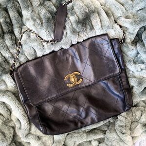 Vintage Chanel Dark Black Leather Quilted Shoulder Bag
